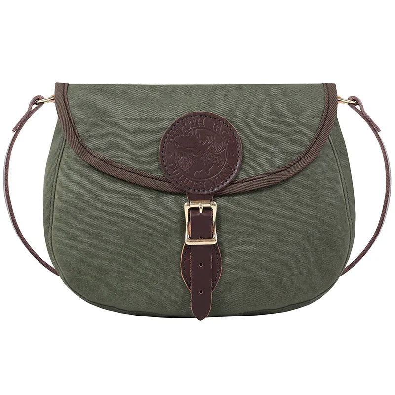 Medium Shell Purse in Olive Drab with antique brass hardware, crafted by Duluth Pack, featuring durable canvas and leather for rugged outdoor use.