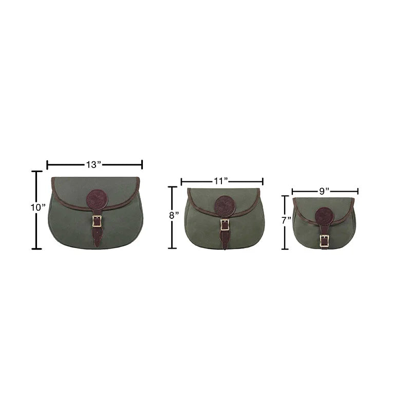 Medium Shell Purse in olive drab with antique brass hardware by Duluth Pack, showcasing durable canvas and leather craftsmanship ideal for outdoor use.