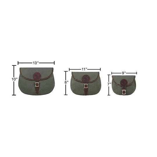 Medium Shell Purse in olive drab with antique brass hardware by Duluth Pack, showcasing durable canvas and leather craftsmanship ideal for outdoor use.