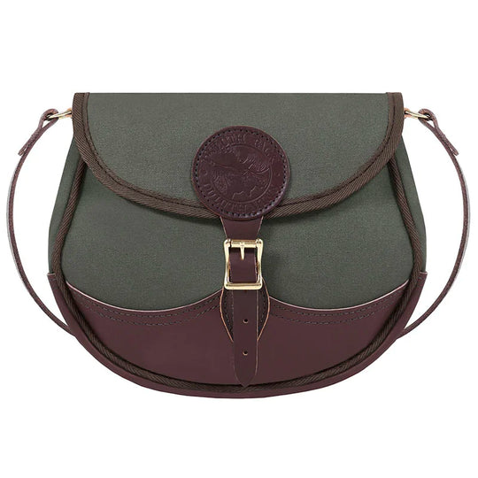 Deluxe Medium Shell Purse in Olive Drab with premium leather accents and adjustable shoulder strap by Duluth Pack, crafted for durable outdoor use.