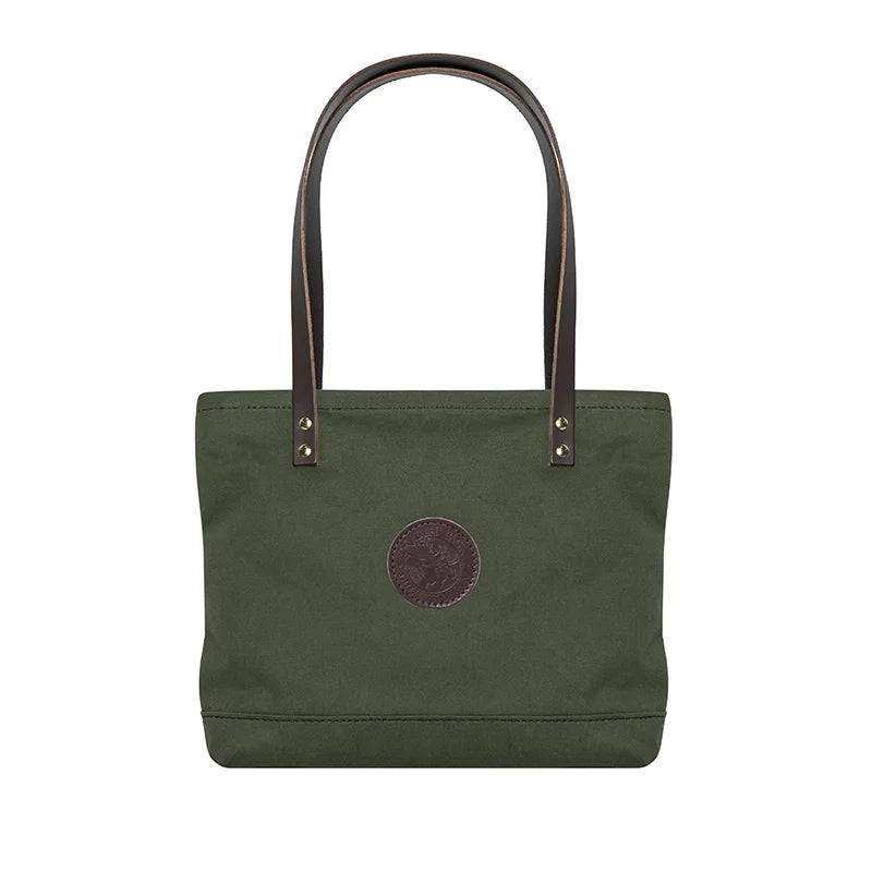 Lakewalk Tote in Olive Drab with riveted leather handles, showcasing durable handmade canvas perfect for versatile day to night outdoor use by Duluth Pack.