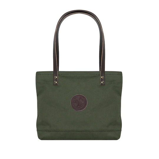 Lakewalk Tote in Olive Drab canvas with riveted leather handles, featuring durable craftsmanship from Duluth Pack, ideal for versatile outdoor and everyday use.