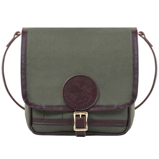 Mini Haversack Purse in Olive Drab featuring rugged canvas and premium leather accents with brass buckle, ideal for everyday travel and outdoor use.