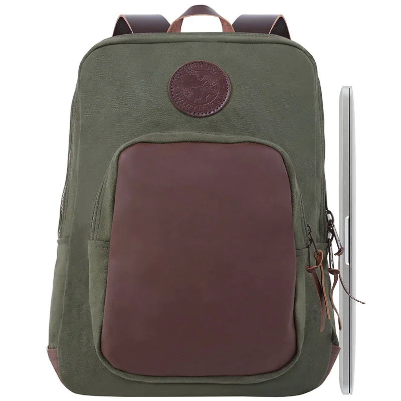 Deluxe Laptop Backpack in Olive Drab with leather front pocket and canvas body, featuring rugged construction and durable YKK zippers for outdoor use.