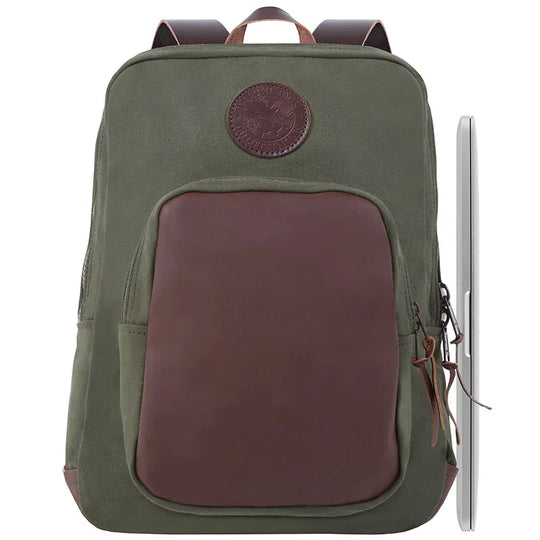 Deluxe Laptop Backpack in Olive Drab with leather front pocket and canvas body, featuring rugged construction and durable YKK zippers for outdoor use.