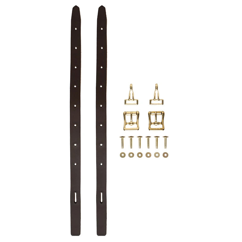 Front Portage Attachment Kit - DIY Brown Leather &amp; Brass Hardware with white background