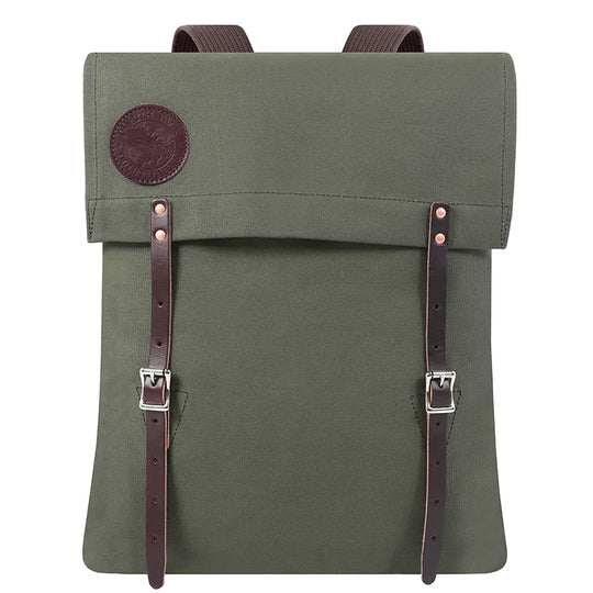 #51 Utility Pack in olive green tough 15-ounce canvas with premium leather straps, designed for durable outdoor use by Duluth Pack.