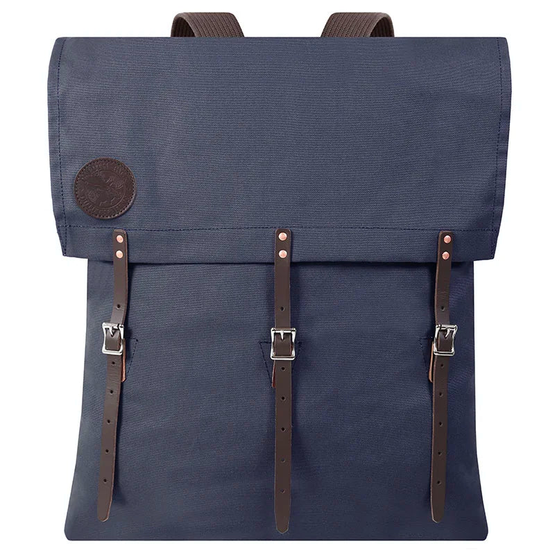 #60 Utility Pack - 42 L in navy with leather straps, a durable handmade canvas backpack designed by Duluth Pack for rugged outdoor use and lasting performance.