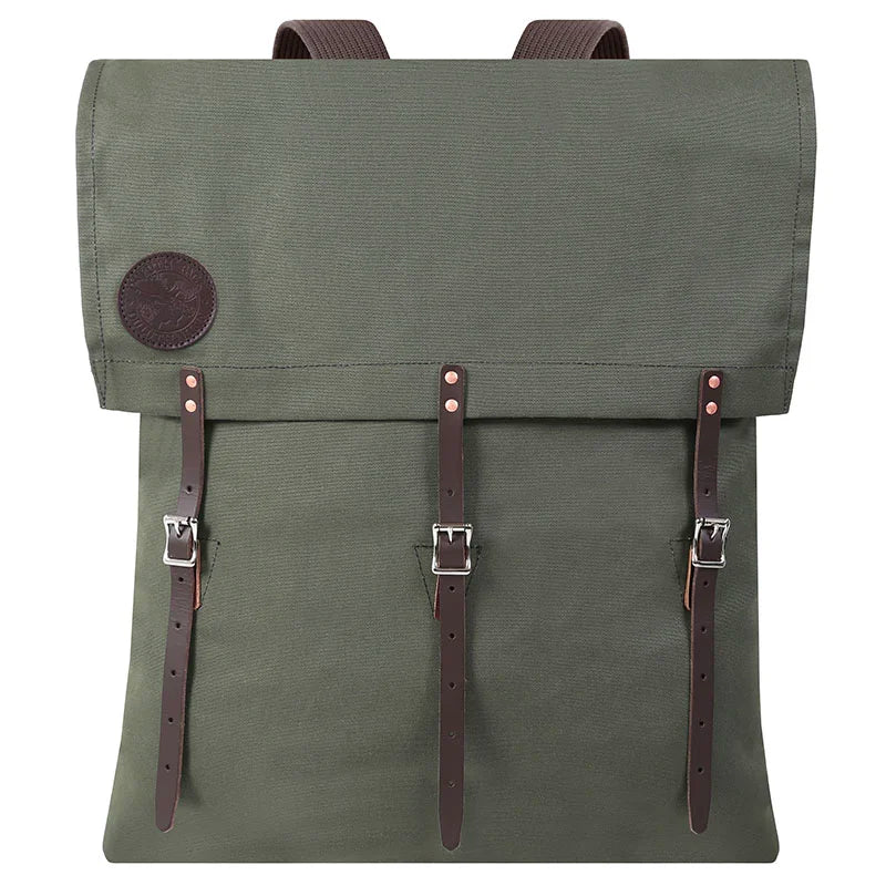 #60 Utility Pack - 42 L in Olive Drab with leather straps, crafted by Duluth Pack, designed for durable outdoor use and rugged adventures.