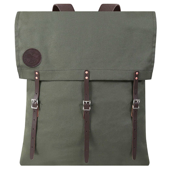 #60 Utility Pack - 42 L in Olive Drab with leather straps, crafted by Duluth Pack, designed for durable outdoor use and rugged adventures.