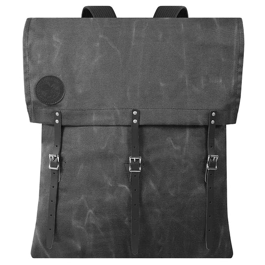 #60 Utility Pack - 42 L in waxed grey canvas with leather straps, durable handmade outdoor backpack designed for rugged use and long-lasting performance by Duluth Pack.