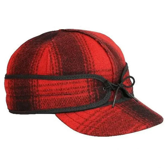The Original Stormy Kromer Cap in Red &amp; Black Buffalo Plaid shown on a white background