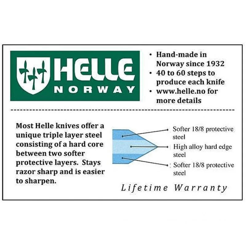 Helle Eggen 12 Knife featuring a triple laminated stainless steel blade and durable handle, displayed with a traditional Helle Norway craftsmanship information graphic.