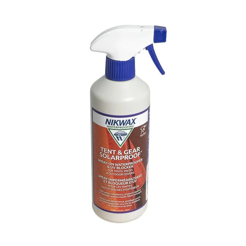 Nikwax Tent & Gear SolarProof Spray for waterproofing tents on a white background